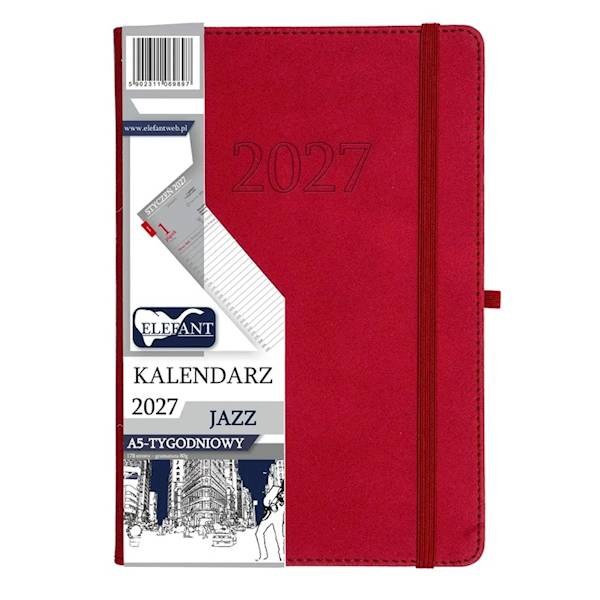 Kalendarz 2027 Elefant A5 Jazz tygodniowy czerwony