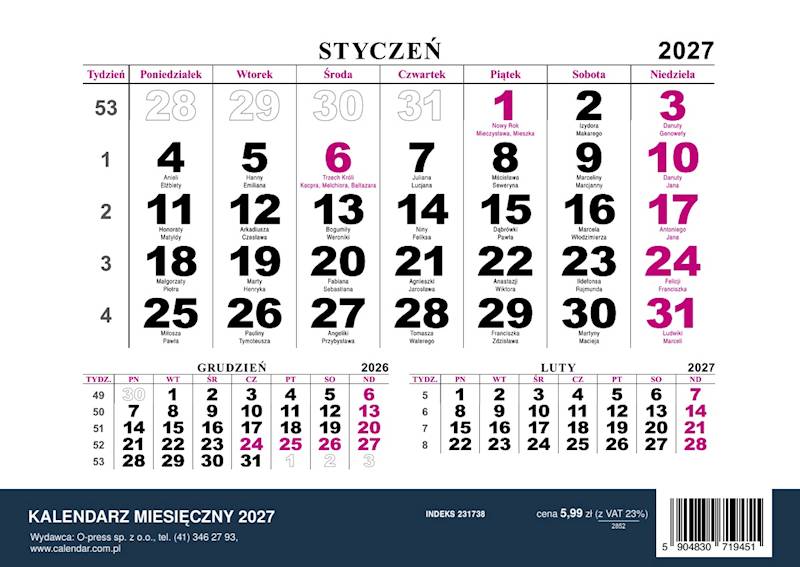 Kalendarz 2027 O-press A4 Jednodzielny Psy