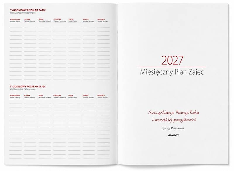 Kalendarz 2027 Miesięczny plan zajęć A5 Kobieta