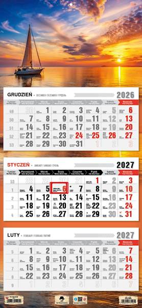 Kalendarz 2027 PK Ścienny Trójdzielny. Żaglówka