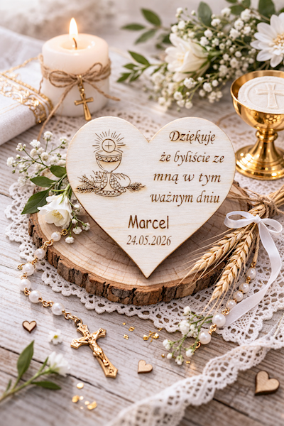 Serce z grawerem magnes na Komunię