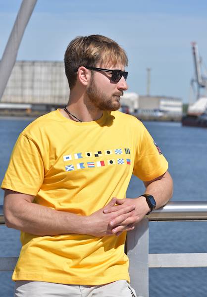T-shirt Żeglarski ,,Kod Flagowy'' Musztardowy