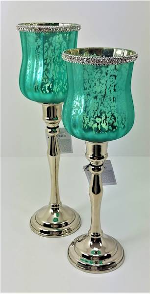 Świecznik Kielich Szklany Zielono - Srebrny 32 Cm