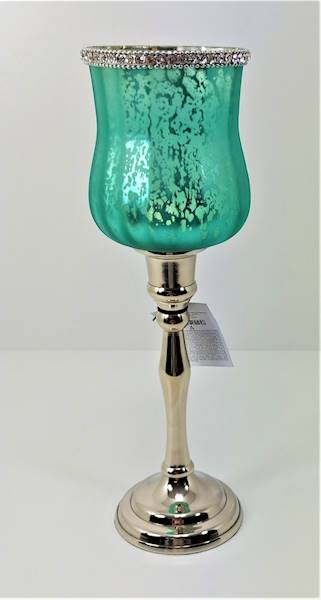 Świecznik Kielich Szklany Zielono - Srebrny 29 Cm