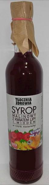 (16) SYROP MALINA, KWIAT LIPY+ MIÓD 500ml TŁOCZNIA ZDROWIA