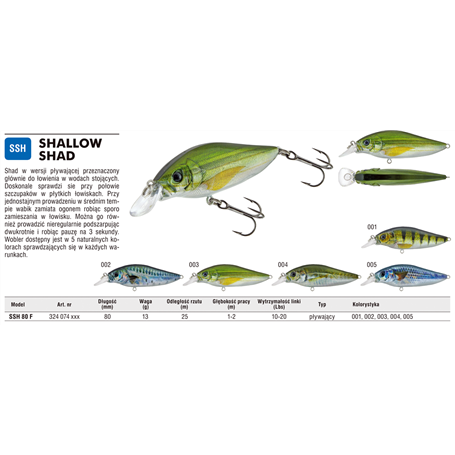WOBLER SHALLOW SHAD 80MM 13GR 0-1M KOLOR 002 FL