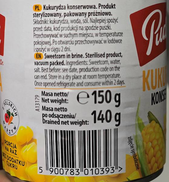 KUKURYDZA KONSERWOWA PUDLISZKI 150GR