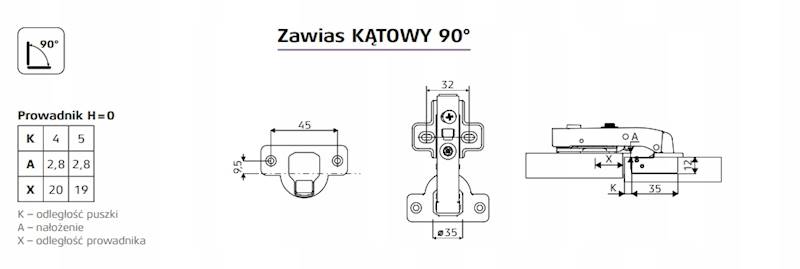 Zawias SEVROLL Kątowy 90st równoległy cichy domyk (2szt)