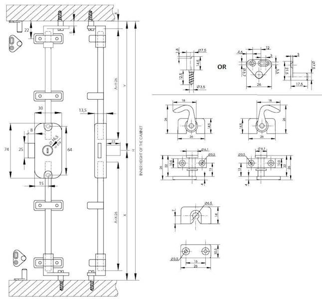 Zamek baskwil X922 fi16,5x22mm z prętami 1m w zestawie