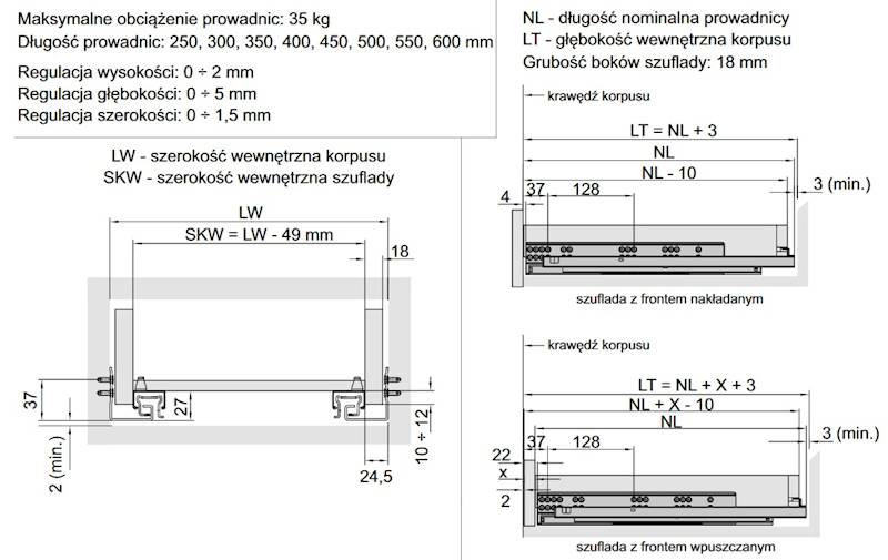 Prowadnica dolnego montażu L-600 DXS-3D synchro z miękkim domykiem