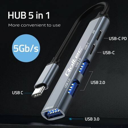 Qoltec Hub Adapter USB-C 3.1 5w1 | USB-C PD| USB-C