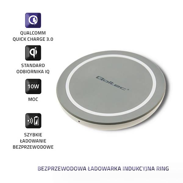 QOLTEC ŁAD.INDUKCYJNA RING| QUICK CHARGE 10W SZARY