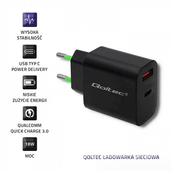 Qoltec 18W | 5-12V | 1.5-3A | USB typ C PD | USB Q