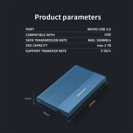 Aluminiowa Obudowa na dysk SSD HDD 2.5" niebieska