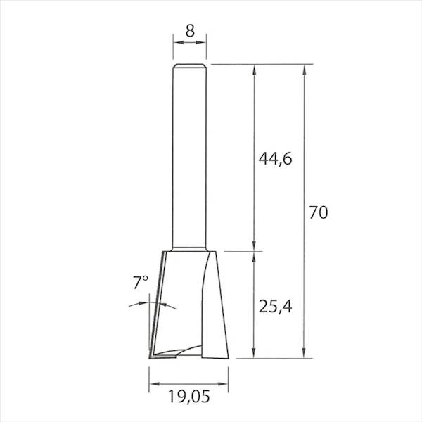 Frez trzp. kątowy D=19,05 H=25 d=8 z=2 L=70 P 7st 