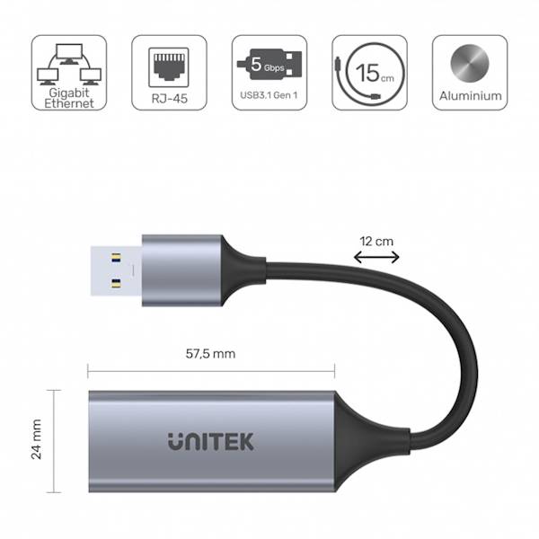 Unitek Adapter USB-A 3.1 Gen 1 - RJ45 1000 Mbps