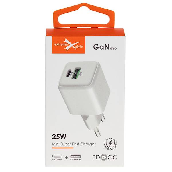Ładowarka sieciowa USB-C Typ-C +USB  25W eXtremestyle GaN evo PD3.0 25W PPS QC4