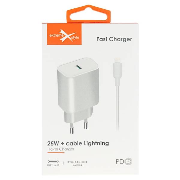 Ładowarka sieciowa 1xTYP-C + kabel Iphone 1.2m 25W 3A biała eXtreme
