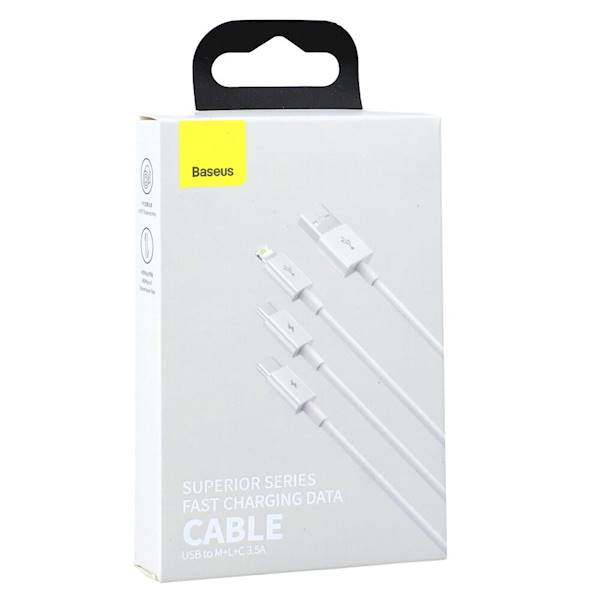 Baseus Superior Series USB 3w1, USB do micro USB / USB-C / Lightning, 3.5A, 1.2m (biały)