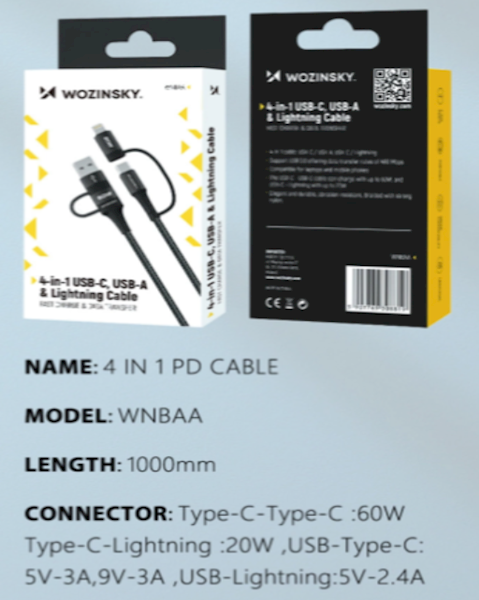 Kabel Wozinsky WNBAA 4w1 2x USB-C 1x USB-A 1x Lightning 60W 1 m - czarny