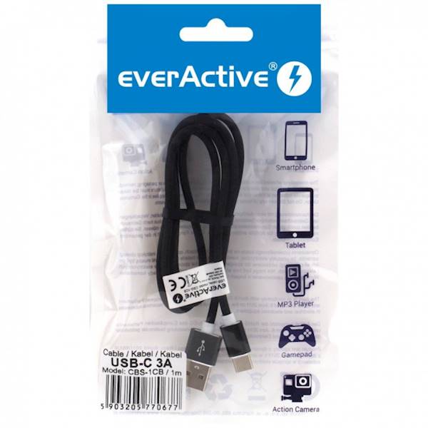 Kabel przewód silikonowy USB - USB-C / Typ-C everActive CBS-1CB 100cm z obsługą szybkiego ładowania do 3A czarny 