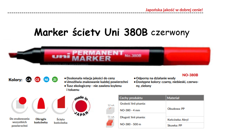 MI380B-31 Marker ścięty Uni 380B czerwony