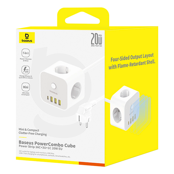 Kostka listwa zasilająca Baseus PowerCombo 7 w 1, 3 AC + 3 x USB-A +1 x USB-C 20W 1,5 m - biała