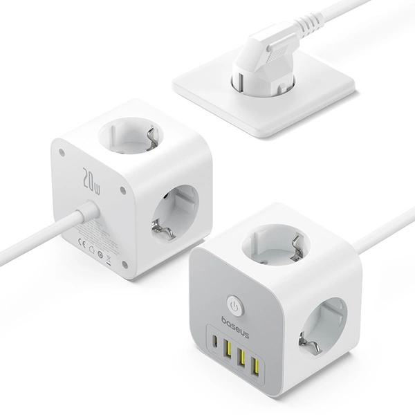 Kostka listwa zasilająca Baseus PowerCombo 7 w 1, 3 AC + 3 x USB-A +1 x USB-C 20W 1,5 m - biała