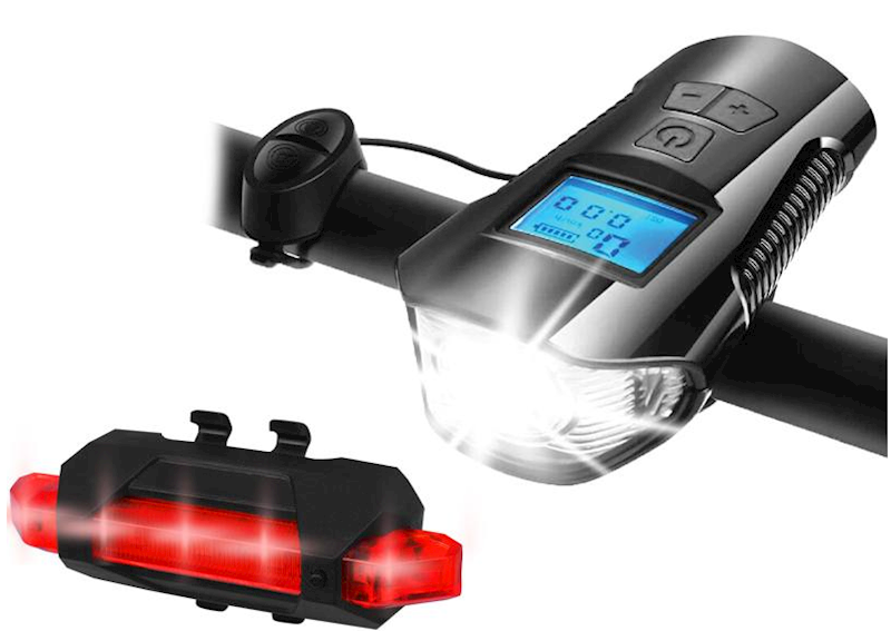ZESTAW ROWEROWY LTC Z LICZNIKIEM, 1 X LED SMD 10 W, 1000 LM + 5 X LED SMD 50 LM, AKUMULATOR 1200/300 MAH, KLAKSON, MICRO USB