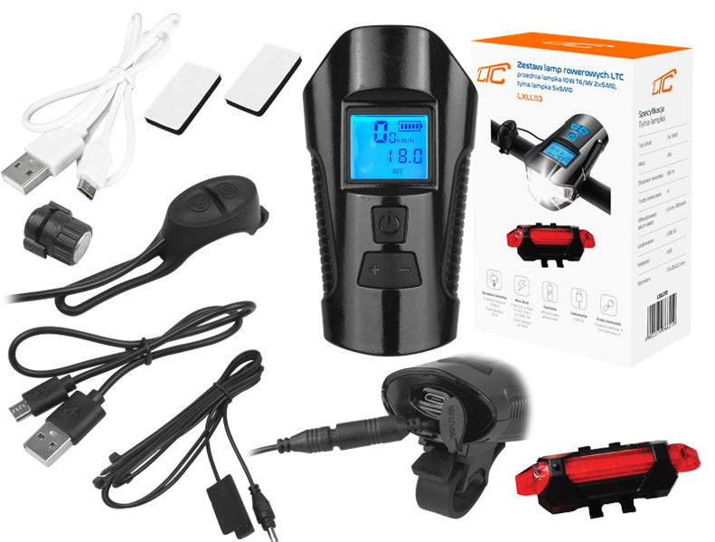 ZESTAW ROWEROWY LTC Z LICZNIKIEM, 1 X LED SMD 10 W, 1000 LM + 5 X LED SMD 50 LM, AKUMULATOR 1200/300 MAH, KLAKSON, MICRO USB
