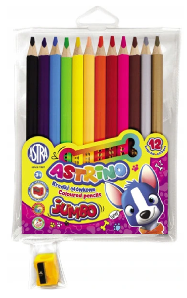 Kredki ołówkowe  jumbo okrągłe 12 kolor Astra Astrino + temperówka Astra 312 221 001 grube