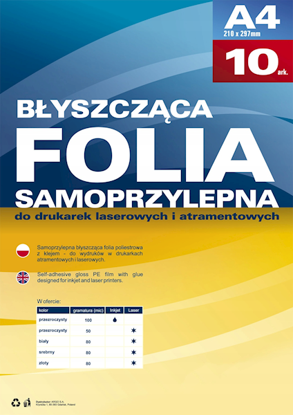 Folia samoprzylepna laser A4 Argo opk. 10szt BIAŁA