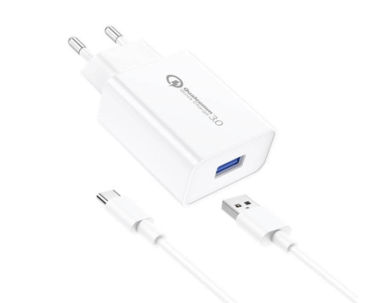 Ładowarka siec. 1xUSB+kabel Typ-C 18W 3A QC 3.0 biała Foneng