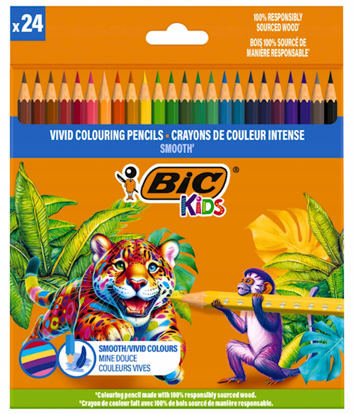 Kredki OŁÓWKOWE drewniane BiC ECO SMOOTH 24 kolory