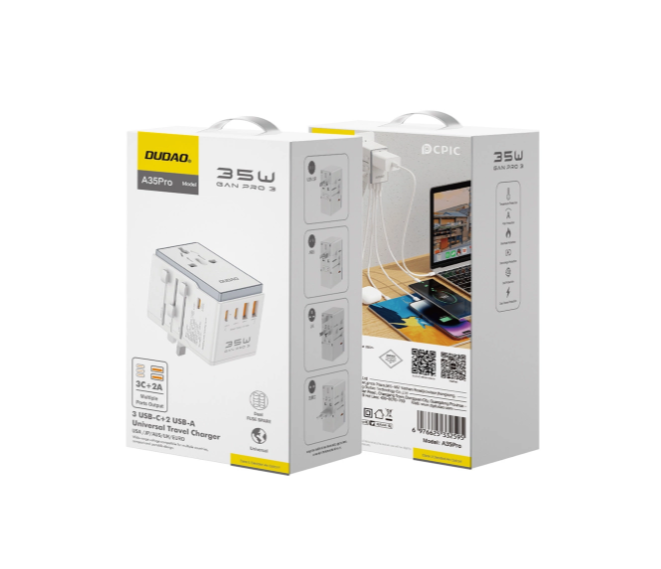 Adapter podróżny Dudao A35Pro 35W EU / UK / AUS / US / JP 3x USB-C 2x USB-A - biały