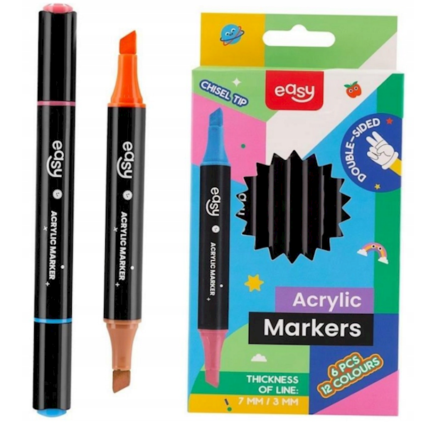 Marker akrylowy Easy dwustronny 12 kol opk.6