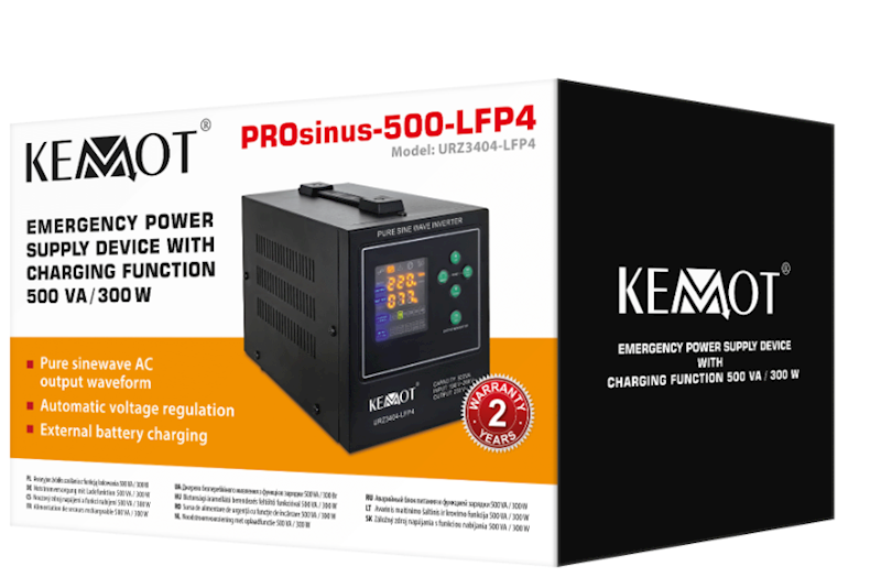 Zasilacz awaryjny KEMOT PROsinus-500-LFP4 przetwornica z czystym przebiegiem sinusoidalnym i funkcją ładowania 12V 230V 500VA/300W