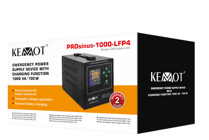 Zasilacz awaryjny KEMOT PROsinus-1000-LFP4 przetwornica z czystym przebiegiem sinusoidalnym i funkcją ładowania 12V 230V 1000VA/700W