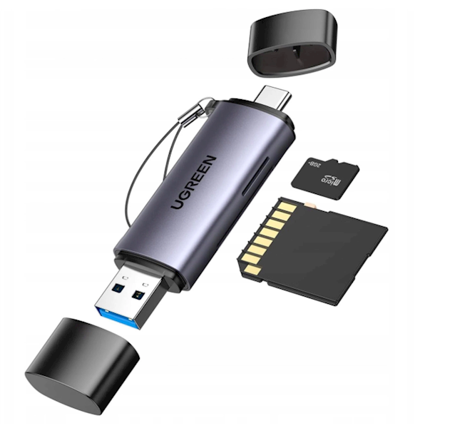 Czytnik kart SD / micro SD UGREEN CM185 – USB-A 3.0 / USB-C 3.0, szary