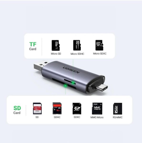 Czytnik kart SD / micro SD UGREEN CM185 – USB-A 3.0 / USB-C 3.0, szary