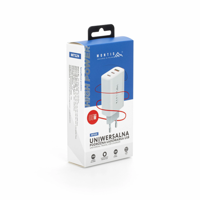 Ładowarka sieciowa USB typu A +2 x USB typu C 65W MT124 