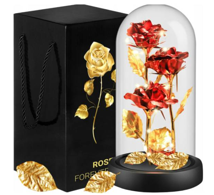 Wieczna Róża Czerwona w Szkle – 3 kwiaty z podświetleniem LED LXUM11