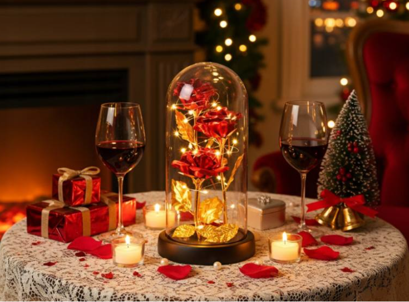 Wieczna Róża Czerwona w Szkle – 3 kwiaty z podświetleniem LED LXUM11