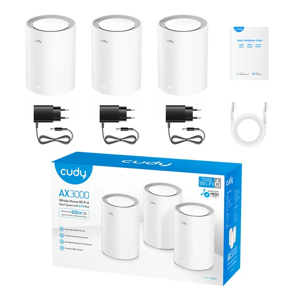 DOMOWY SYSTEM WI-FI MESH M3000(3-PACK) WI-FI 6 2.4 GHz, 5 GHz, 574 Mb/s + 2402 Mb/sCUDY