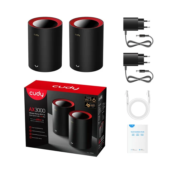 DOMOWY SYSTEM WI-FI MESH M3000(2-PACK)-BLACK WI-FI 6 2.4 GHz, 5 GHz,574 Mb/s + 2402 Mb/s CUDY