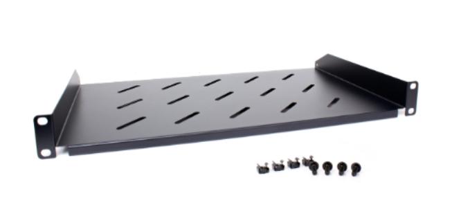 Półka rackowa Getfort 19" 1U 170 mm – czarna, uniwersalna, mocowanie doczołowe