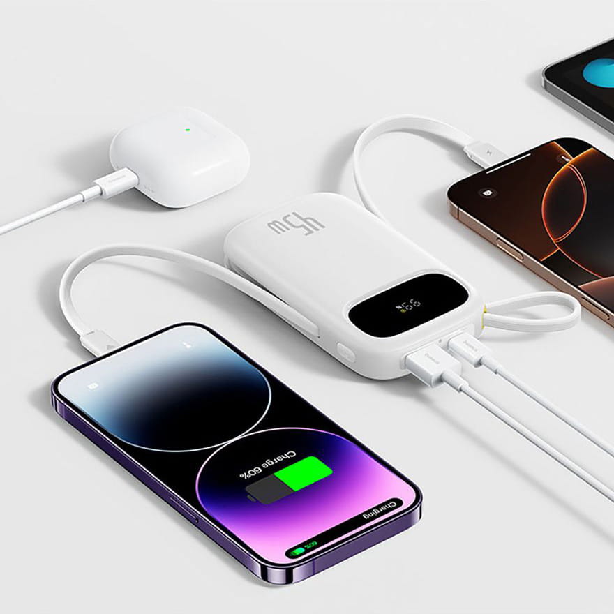 Powerbank Baseus EnerFill FC31 20000mAh 45W z wyświetlaczem cyfrowym i 2 wbudowanymi kablami (USB-C + Lightning) - biały