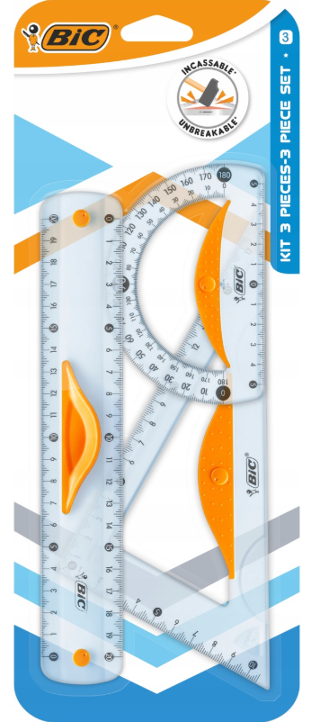 Zestaw geometryczny BIC – 3 elementy  linijka 20 cm, ekierka, kątomierz