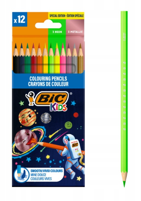 Kredki drewniane 12 kolorów BIC Kids Smooth Cosmo –/ 3 neon+3 metallic/