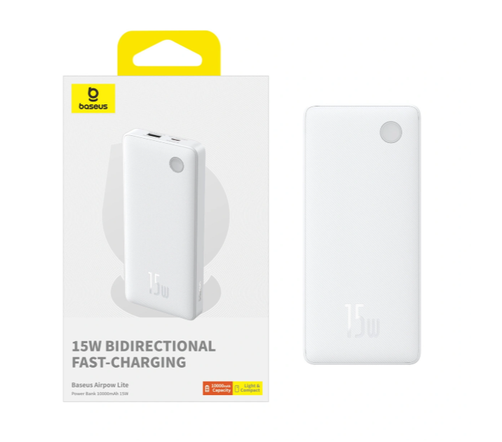 Powerbank Baseus Airpow Lite 10000mAh 15W z kablem Baseus Simple USB-A - USB-C 30cm - biały